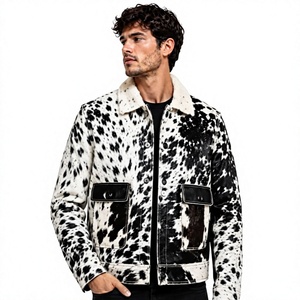 Veste en cuir véritable pour homme, en cuir de vache, imprimé animal, col rabattu, fermeture à boutons, doublure en fausse fourrure épaisse, style décontracté d'hiver - Product Image 1