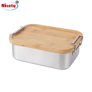 Nicety 도시락 빵 상자 304 스테인레스 스틸 상자 대나무 커버 사각형 도시락 성인 1200ml