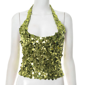 2025 Women Summer <strong>Glitter</strong> V Neck Halterneck <strong>Top</strong> Camisole Sexy <strong>Green</strong> Sequin Halter Neck Tank - Product Image 5