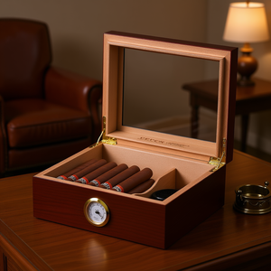 Boîte de rangement pour cigares Vetica Cedar, humidor avec hygromètre, dessus en verre, 50 cigares, design classique rectangulaire - Product Image 2