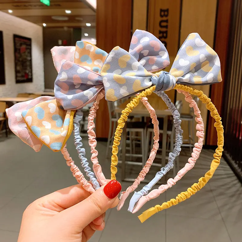 KHB015C Spring New Design Korean INS Love Heart Double-sided Bow Headband Cute Children's Non-slip Headdress Hair Accessories