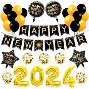 CIVI 2024 Happy New Year Balloons Set Festival Party Decoration Supplies Kit Black Gold Glitter Balloons Paper Banner for 2024