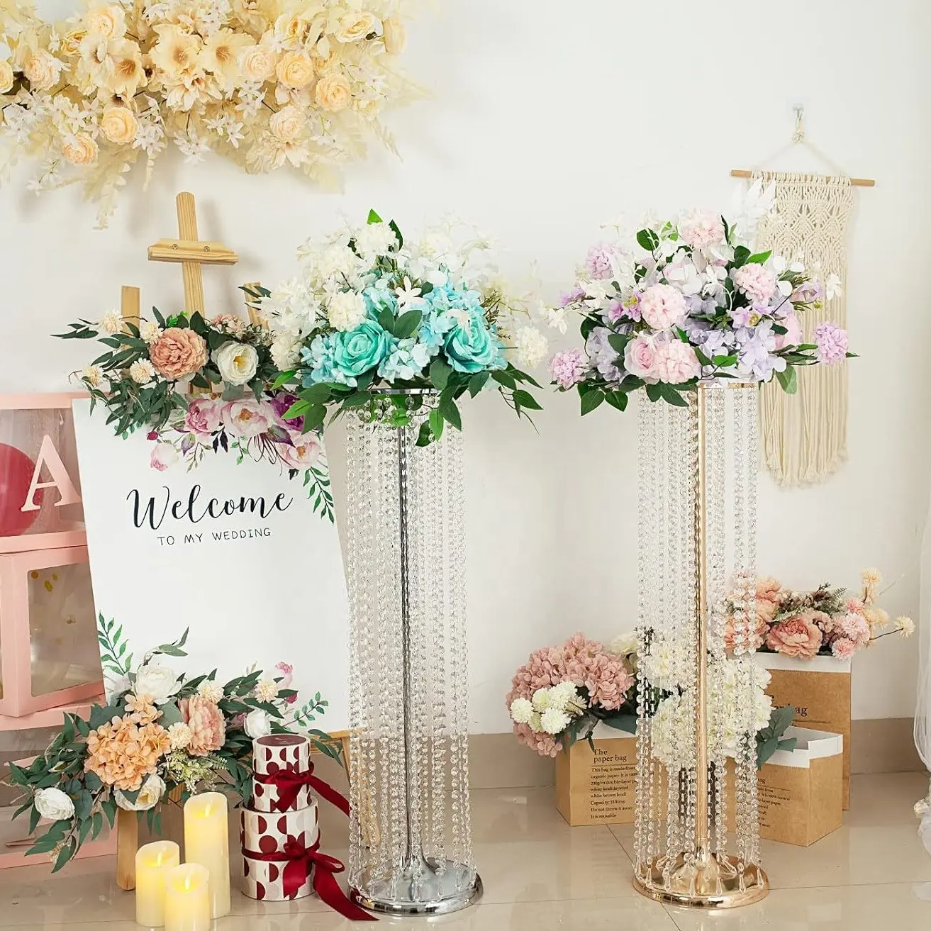 Düğün kristal boncuk çiçek standı ana masa Centerpieces dekorasyon yol kılavuzu uzun boylu Metal altın çiçek standı