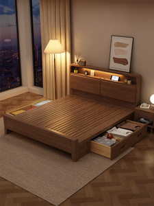 Nórdico 1,8 m 1,5 m moderno Simple cama de madera maciza Color nogal grande <span class=keywords><strong>dormitorio</strong></span> principal cama de <span class=keywords><strong>matrimonio</strong></span> con almacenamiento para cama de boda - Product Image 3