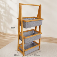 Étagère de rangement à 3 niveaux en bambou naturel avec paniers en tissu, organisateur stable et durable pour la chambre à coucher, la buanderie et le salon