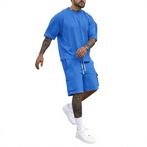 Men's Blue Oversized T-Shirt Cargo Shorts Set Crew Neck Solid Casual Summer Knitted 100% Cotton Breathable Anti-Shrink 220 Grams - Product Image 4