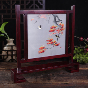 Suzhou Style Double Sided Embroidered <b>Screen</b> Red Maple Design Handmade Silk Craft <b>Decor</b> For Living Room Study Traditional - Product Image 1