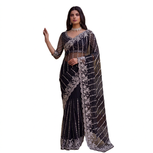 Sari élégant noir en résille avec broderie argentée, pour mariage et soirée, style Bollywood, longueur ras du sol, coupe classique pour femme - Product Image 1