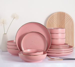 16Pcs Blush Pink Speckled Matte Ceramic Dinnerware <b>Set</b>, Luxury Gold Rim Round Plates Bowls Modern Nordic Home Kitchen Tableware - Product Image 2