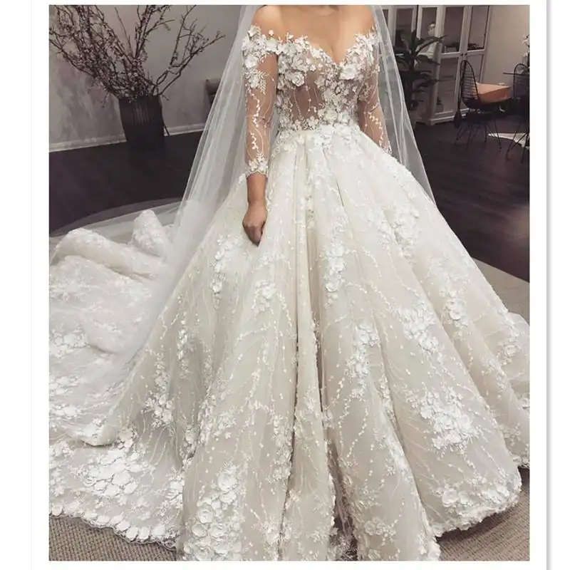 Luxury flowers ball gown wedding dress 3D flowers lace applique pearls beads Long sleeve V neck princess bridal gown