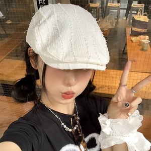 Béret rayé de couleur unie rétro japonais pour femmes, casquette de style artistique amincissante en toile pour le printemps et l'été - Product Image 2