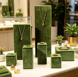 Bandejas de Exhibición de Joyería de Terciopelo Verde en Varios Tamaños, Soporte para Anillos, Collares y Pulseras, para Mostrador y Fotografía - Product Image 6