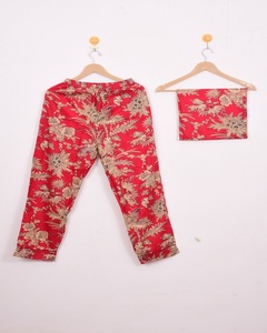 Ensemble de pyjama en coton satiné rouge style bohème, longueur genou, boutonné, imprimé à la main, respirant, vêtements de nuit d'été - Product Image 4