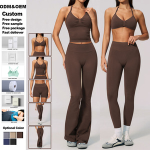 Conjunto Deportivo de Yoga para Mujer, Marca Privada, Sin Costuras, Transpirable, Top Halter Corto + Pantalones Largos a Juego, Logotipo Personalizado - Product Image 1