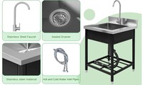 Évier utilitaire autoportant en acier inoxydable argenté avec support métallique noir, évier arrière, robinet à bec haut, kit de tuyau de vidange OEM ODM