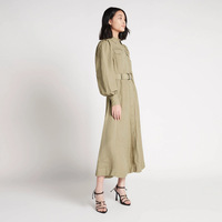 Personnalisé Automne Nouvelles Femmes Mode Élégant Lin Ballon À Manches Longues Vintage Ceinture Bouton Col Rabattu Robe Midi