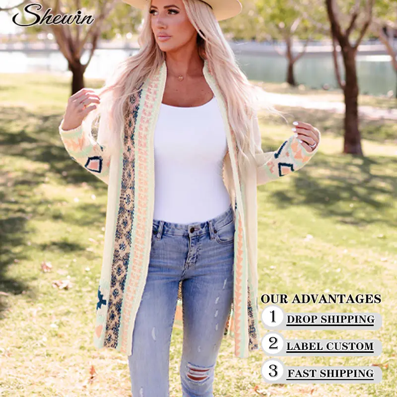Fall Winter Clothing Ladies Casual Outwear Vintage Solid Open Front Buttons Long Women Sweater Cardigan