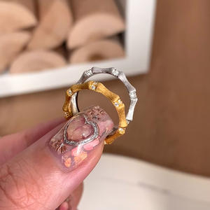 Women Trendy Gold Textured Zircon Bamboo Rings Brushed <b>Matte</b> Bamboo Ring for Daily Wear - Product Image 5