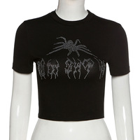 Camiseta Corta Y2K para Mujer, Estilo Punk Vintage, con Gráfico de Araña y Diamantes de Imitación, Ajustada, Cuello Redondo, Negra, Streetwear