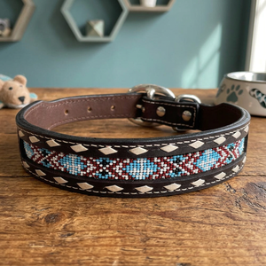 Collier pour chien en cuir véritable fait main, style western, orné de perles et de strass, à prix de gros - Product Image 4