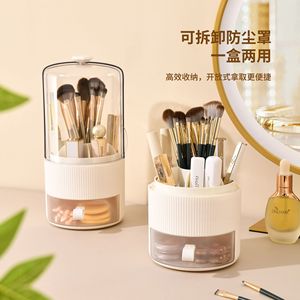 Rotatable <b>Makeup</b> Brush Holder With <b>Drawers</b> Desktop Cosmetic Organizer 360 Degree Rotation Storage Box Pink White - Product Image 4
