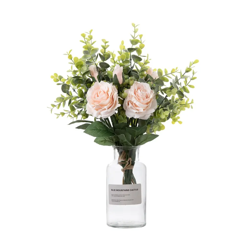 Flores de seda realistas, tallo de flor artificial, Rosa verde, eucalipto, ramo de flores artificiales para selecciones de Navidad