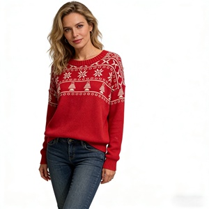 Suéter de Cuello Redondo con Diseño de Copos de Nieve Rojos para Mujer, OEM/ODM - Product Image 1