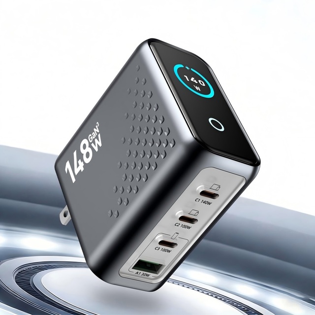 Smart 4-Port GaN 140W Type-C USB Charger PD3.0/PD3.1 QC3.0 Fast Charger with Screen Display Fireproof