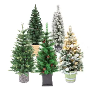 Miniatur 6 Stück Kiefer Sisal Bäume Schneefrost-Ornamente mit Holzbasis Weihnachtsbäume mit Led-Leuchten