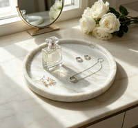 Plateau rond en marbre blanc naturel, plateau de décoration en pierre, plateau de vanité, plateau de service alimentaire, rangement pour bijoux et cosmétiques, décoration pour la maison et l'hôtel, personnalisable
