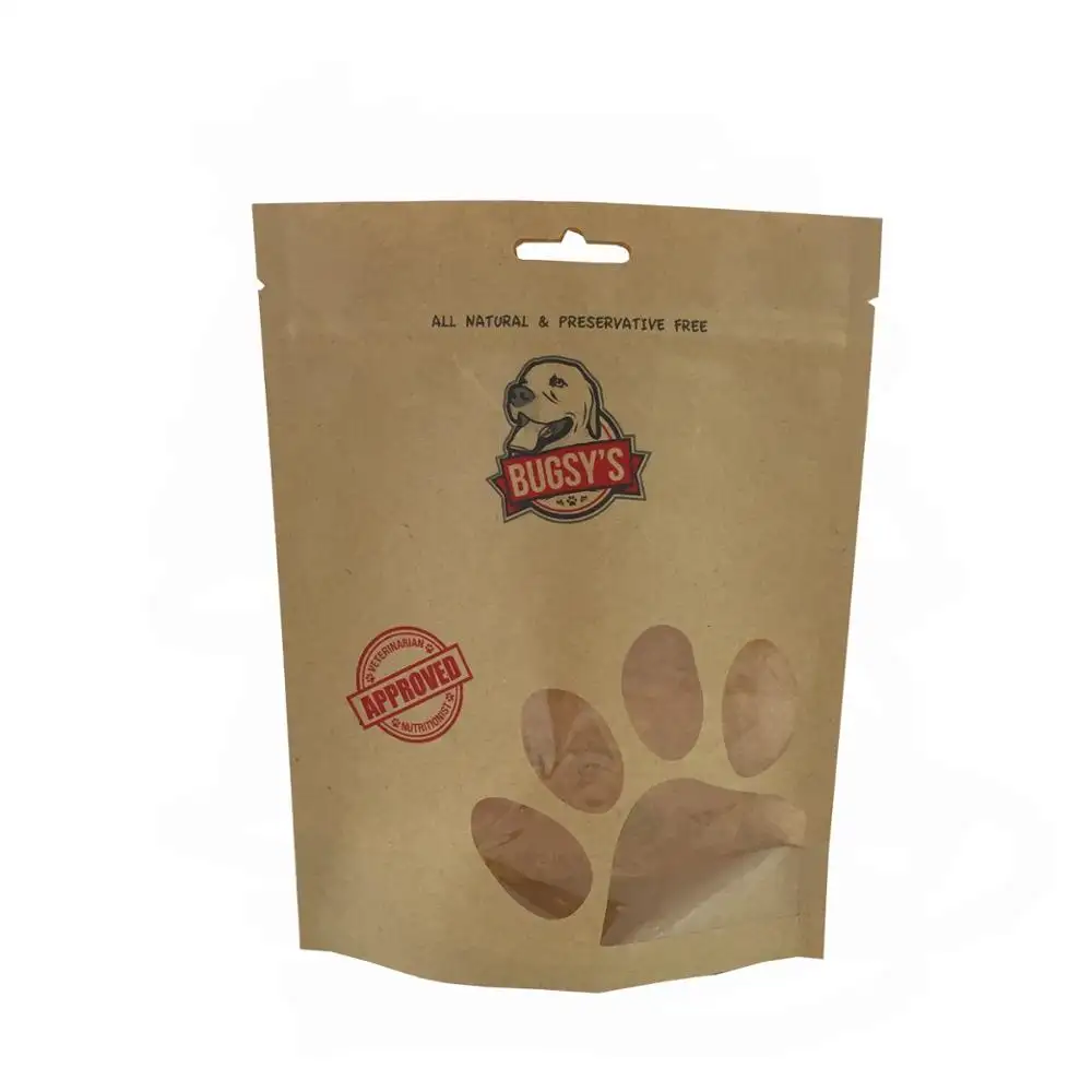 Food Grade Pet Treat Verpackungs beutel Ziplock Stand Up Pouch Hundefutter Kraft Papiertüte mit klarem Fenster