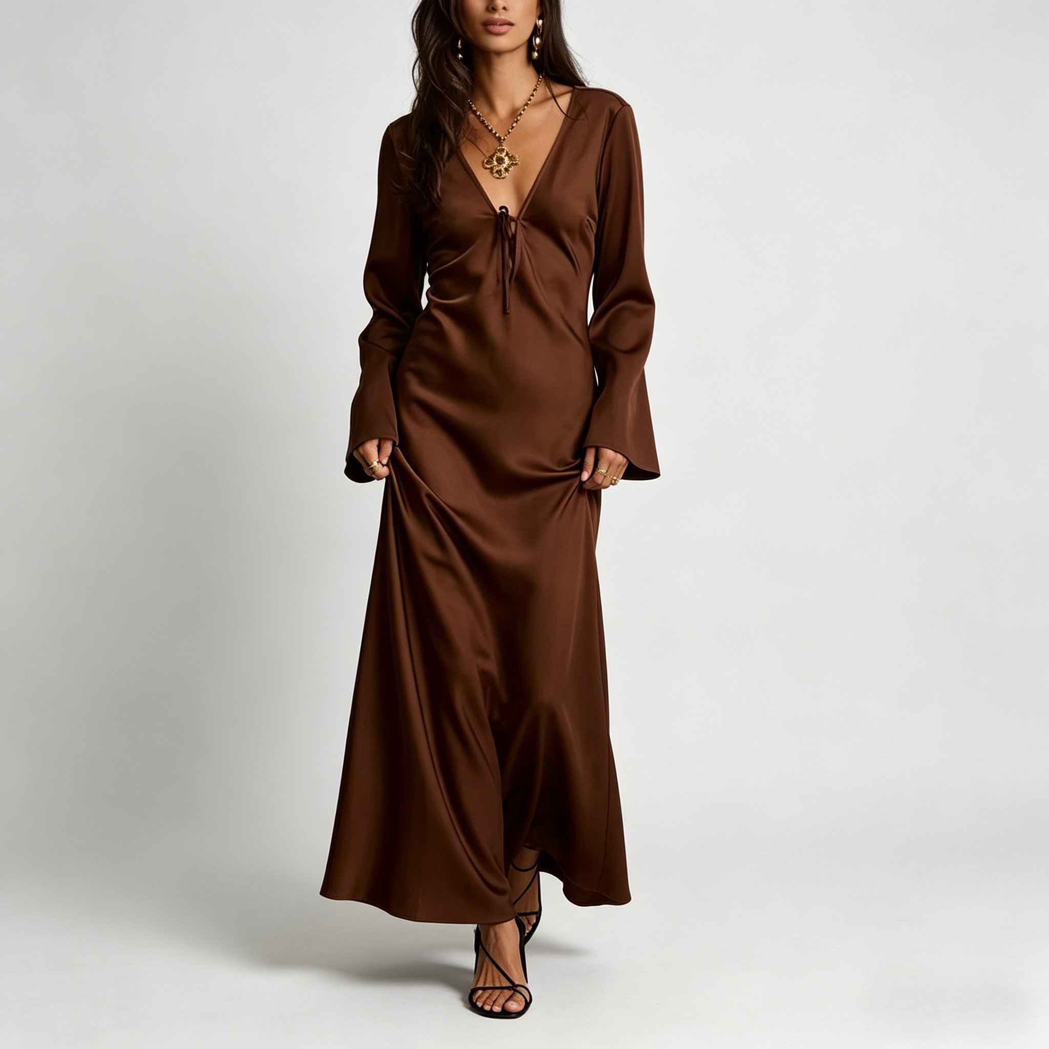 slim fit dress slacks Fit and Flare Maxi Dress-Long Sleeves-Casual or Semi-Formal-Elegant Prom or Wedding  Guest Dress