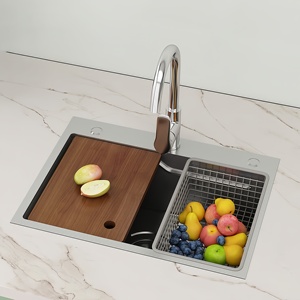 Brushed Stainless Steel <b>Workstation</b> Kitchen Sink with Cutting Board Removable Drying Rack and Pull Down Faucet - Product Image 1
