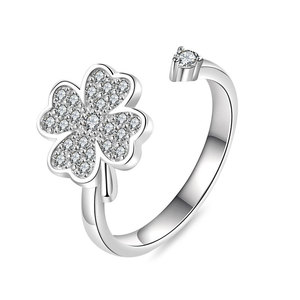Anillo Abierto de Trébol de Cuatro Hojas al por Mayor de Fábrica, con Microincrustaciones de Zirconia, de Cobre, Giratorio, Joyería Antiestrés para Oficina para Mujer - Product Image 1