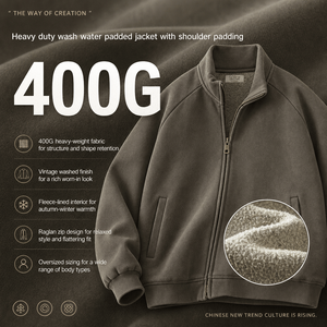Men 400G Heavyweight Cotton Blend Zip Up Sweatshirt Vintage Washed <b>Fleece</b> <b>Lined</b> Raglan <b>Jacket</b> Wholesale OEM Supplier Top - Product Image 4
