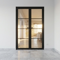 Porte en verre et métal à 4 panneaux, style français, cadre en acier noir, charnières et poignée incluses