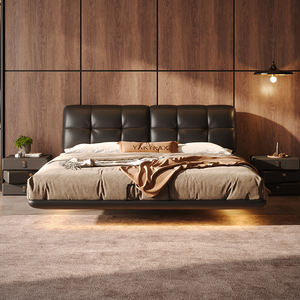Puffbed met verstelbare rugleuning, Italiaans minimalistisch zwevend echt lederen kingsize bed voor de hoofdslaapkamer, zacht gestoffeerd - Product Image 1