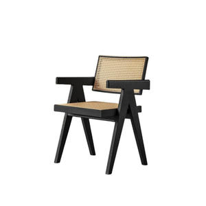 Silla de comedor de ratán y madera maciza con respaldo y reposabrazos, silla de ocio negra en forma de K para uso doméstico - Product Image 5