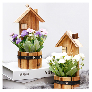 Hete Verkoop Muur Opknoping Houten Blokhut Huis Potted Nordic Simulatie Pastel Zijde Bloem Voor Thuis Bruiloft Decoratie