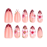 Druk-op nagels wijnrood Franse stippen 3D stereo bloemen nagelkunst, herbruikbare verwijderbare kunstnagels populaire verkoop