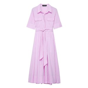 Robe décontractée rayée bleue Istapromo pour femme, manches courtes, col rabattu, robe longue ceinturée, coupe trapèze, tenue d'été - Product Image 3
