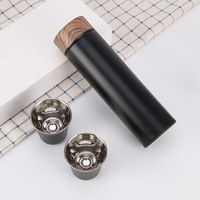 Set Botol Termos 500 ML dengan Tutup Bambu, Tumbler Air Stainless Steel dengan Dua Cangkir, Set Hadiah