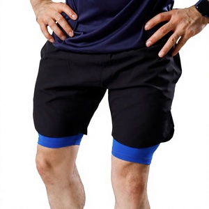 Custom High Quality Wholesale Men's Black Sport Blue Trim Quick Dry Breathable Elastic Waist Front Logo Zipper Pocket Shorts - Product Image 2