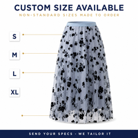 Rok Midi Wanita Vintage Musim Semi Bahan Tulle Motif Bunga Berlapis Pinggang Tinggi Lipit Model A-line Anti Kusut Campuran Katun