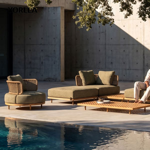 Canapé de jardin minimaliste en bois OEM, dossier tressé ouvert, assise profonde, sectionnel, robuste, fabricant - Product Image 4