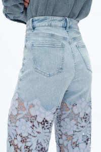 Jeans <span class=keywords><strong>da</strong></span> <span class=keywords><strong>donna</strong></span> traspiranti a gamba larga con ricami in pizzo, lavaggio enzimatico, a vita alta, a zampa d'elefante - Product Image 4
