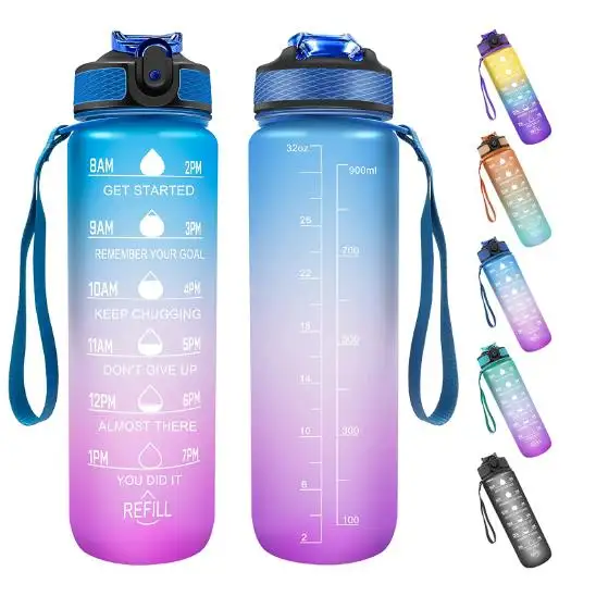 1L 32 OZ Saringan Sedotan Plastik Kustom, Filter Gym Olahraga BPA Gratis Botol Air Motivasi Tritan dengan Penanda Waktu