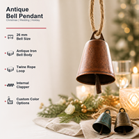 Pendentif cloche en fer antique personnalisé OEM avec cordelette 26mm pour Noël, mariage, fête, ornement suspendu, décoration intérieure