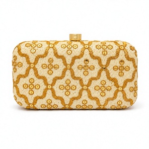 Pochette élégante pour femme avec perles, motif géométrique, broderie dorée, sac à main pour mariage et soirée, sans bandoulière, fermeture à verrou - Product Image 1