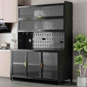 Aparador de Cocina Moderno Independiente de Acero Negro de Henan Sunjoy con Organizador de Panel Perforado y Puertas de Vidrio para Comedor - Product Image 1